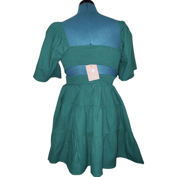 Shy Velvet Summer Dress Square Neck Short Bell Sleeves Cut Out Waist DK … - Picture 8 of 8